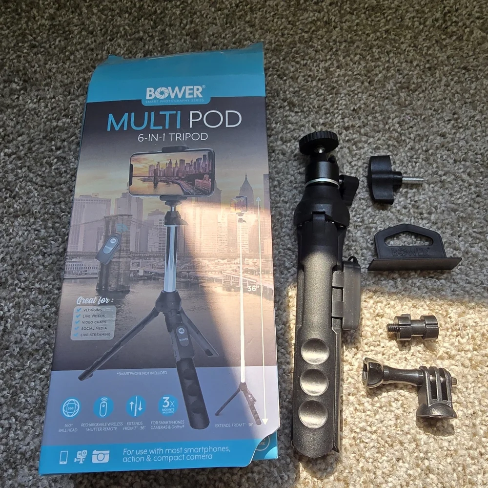 Bower Multi-Pod 6-1.  Black Tripod Selfie Stick with Remote Shutter